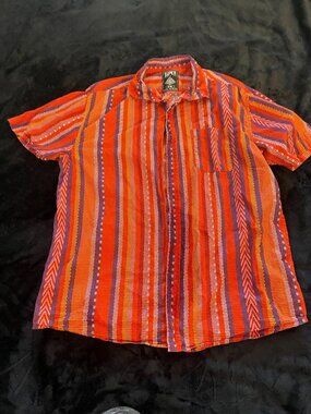 Super Massive Woven Stripe Shirt Large Orange Textured Button Up